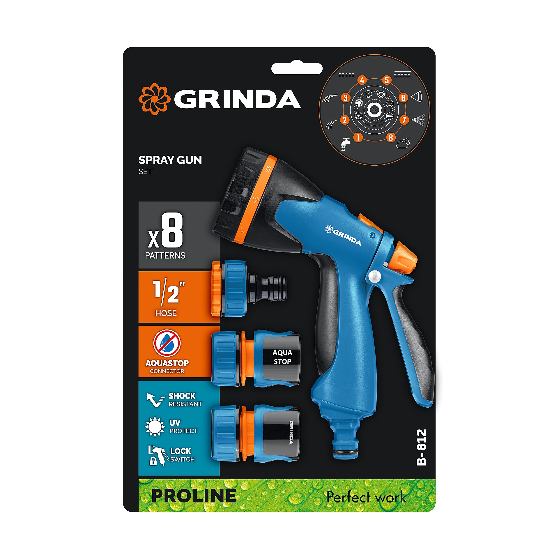 GRINDA B-812, питолет поливочный B-8, коннектор 1/2, конектор 1/2 с автостопом, адаптер с внутр. резьбой 1/2 х 3/4, набор поливочный PROLine (429114)