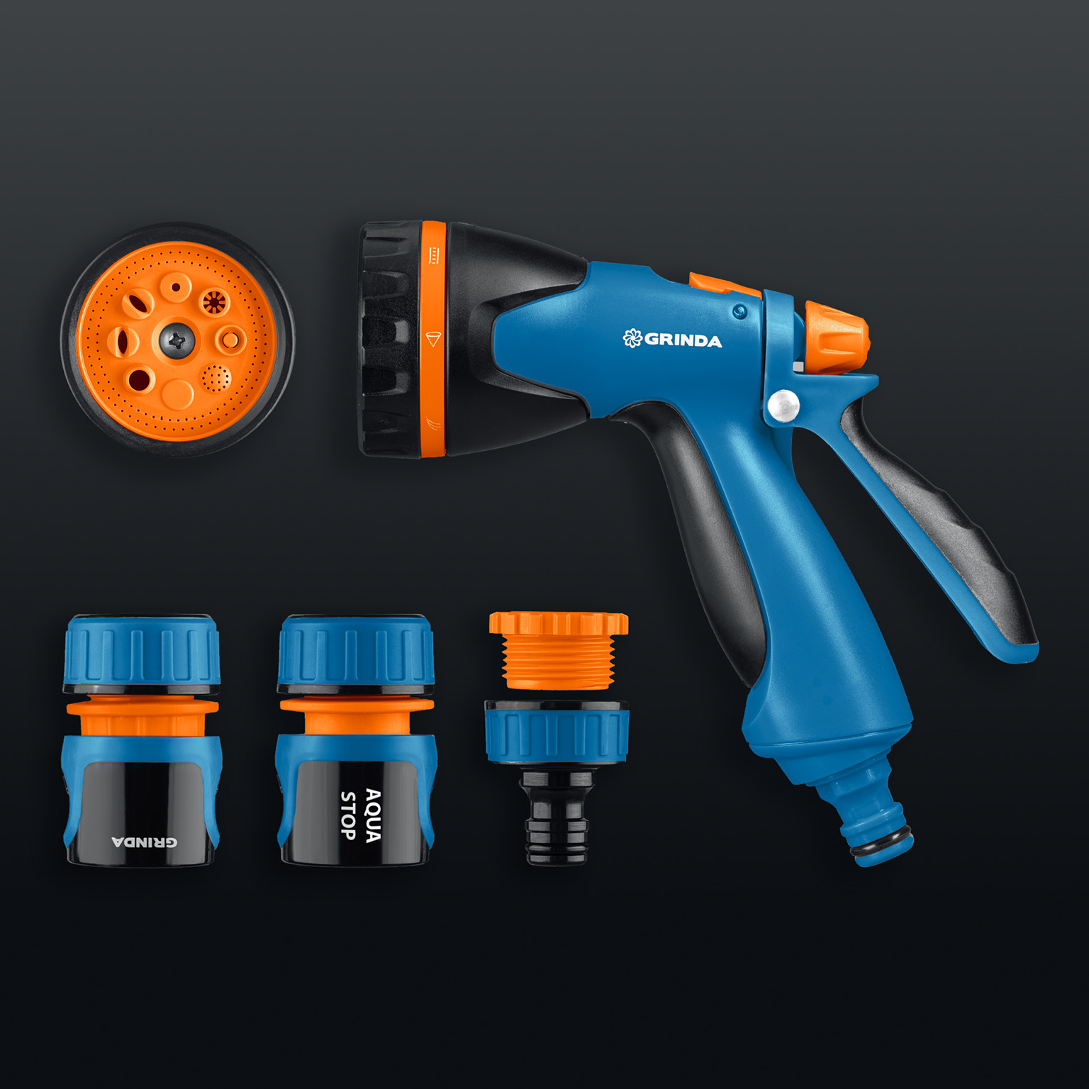 GRINDA B-812, питолет поливочный B-8, коннектор 1/2, конектор 1/2 с автостопом, адаптер с внутр. резьбой 1/2 х 3/4, набор поливочный PROLine (429114)