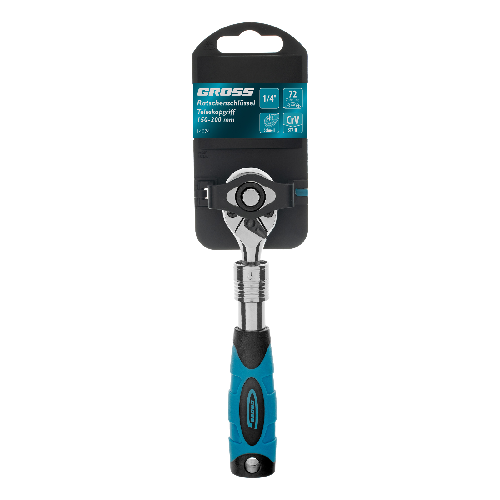 Ключ-трещотка телескопический 1/4", 150-200 мм, CrV, 72 зуба, с быстрым сбросом, хром Gross