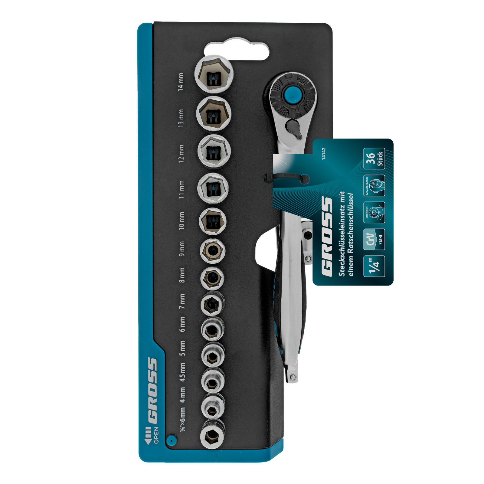 Набор торцевых головок, трещотка 120 зубьев, 1/4", CrV, 36 предметов Gross