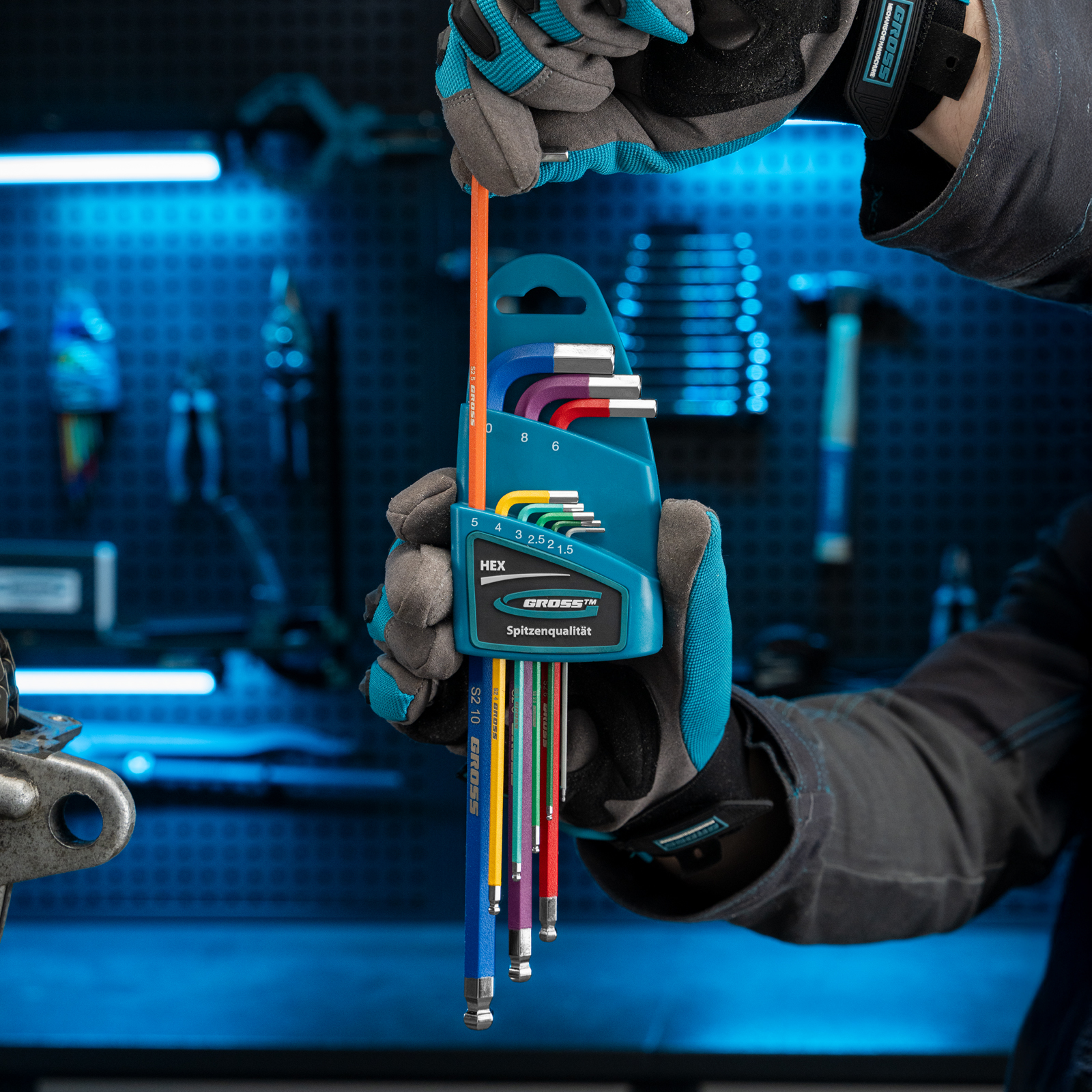 Набор ключей имбусовых HEX, 1.5-10 мм, S2, 9 шт, магнит, экстра-длинные с шаром, хром/краска Gross