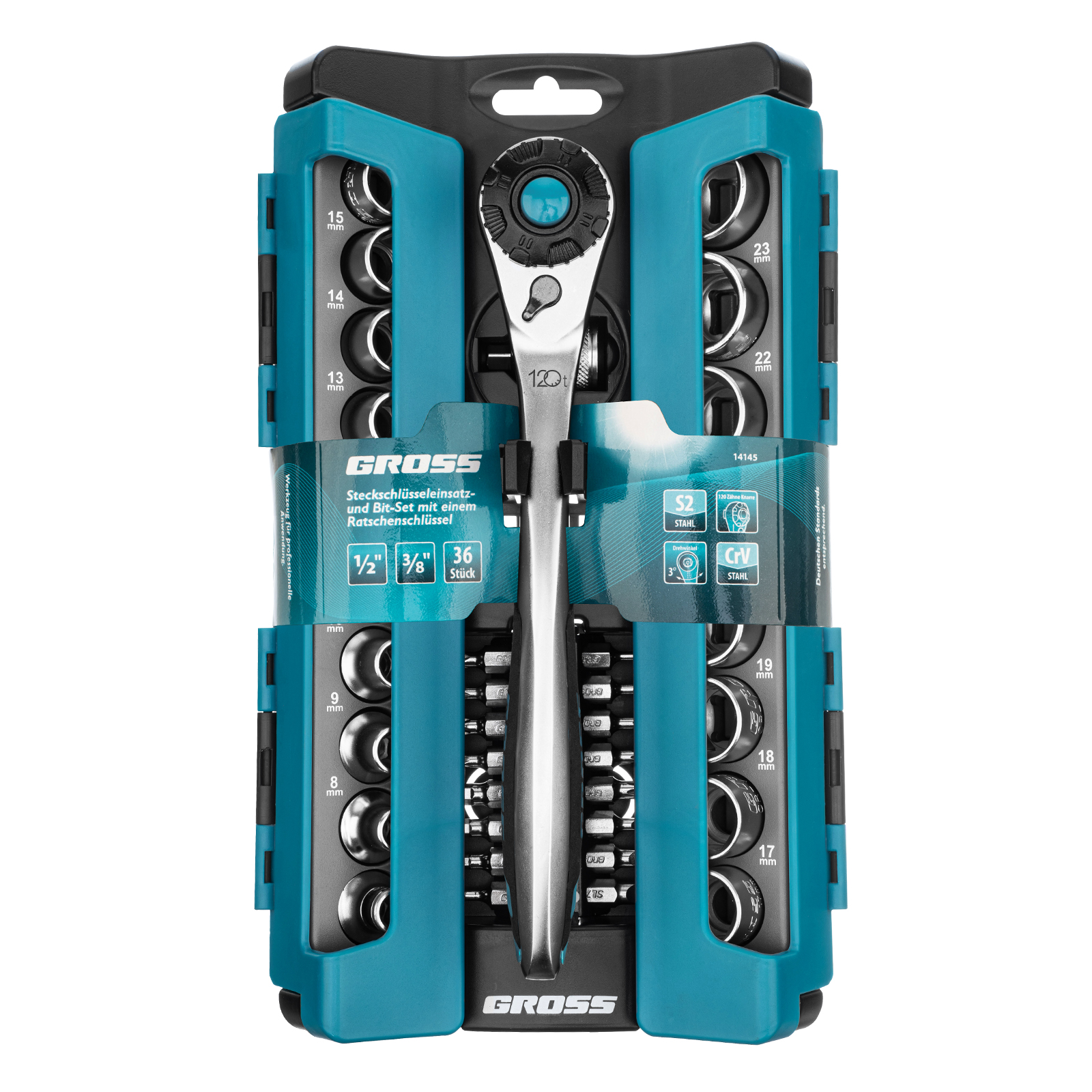 Набор торцевых головок, трещотка 120 зубьев, 1/2",3/8”, CrV, 36 предметов Gross