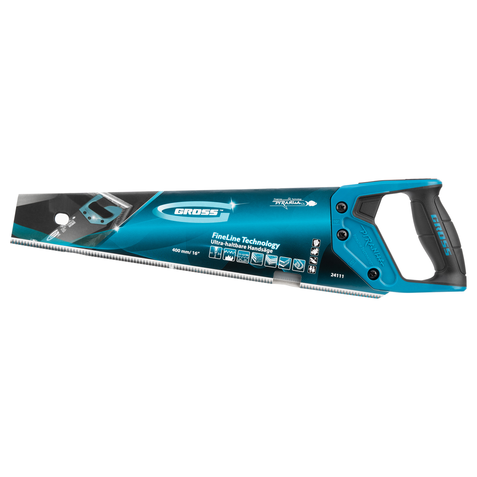 Ножовка по дереву "Piranha", 400 мм, 11-12 TPI, зуб-3D, каленый зуб, тефлоновое покрытие полотна, двухкомпонентная рукоятка Gross