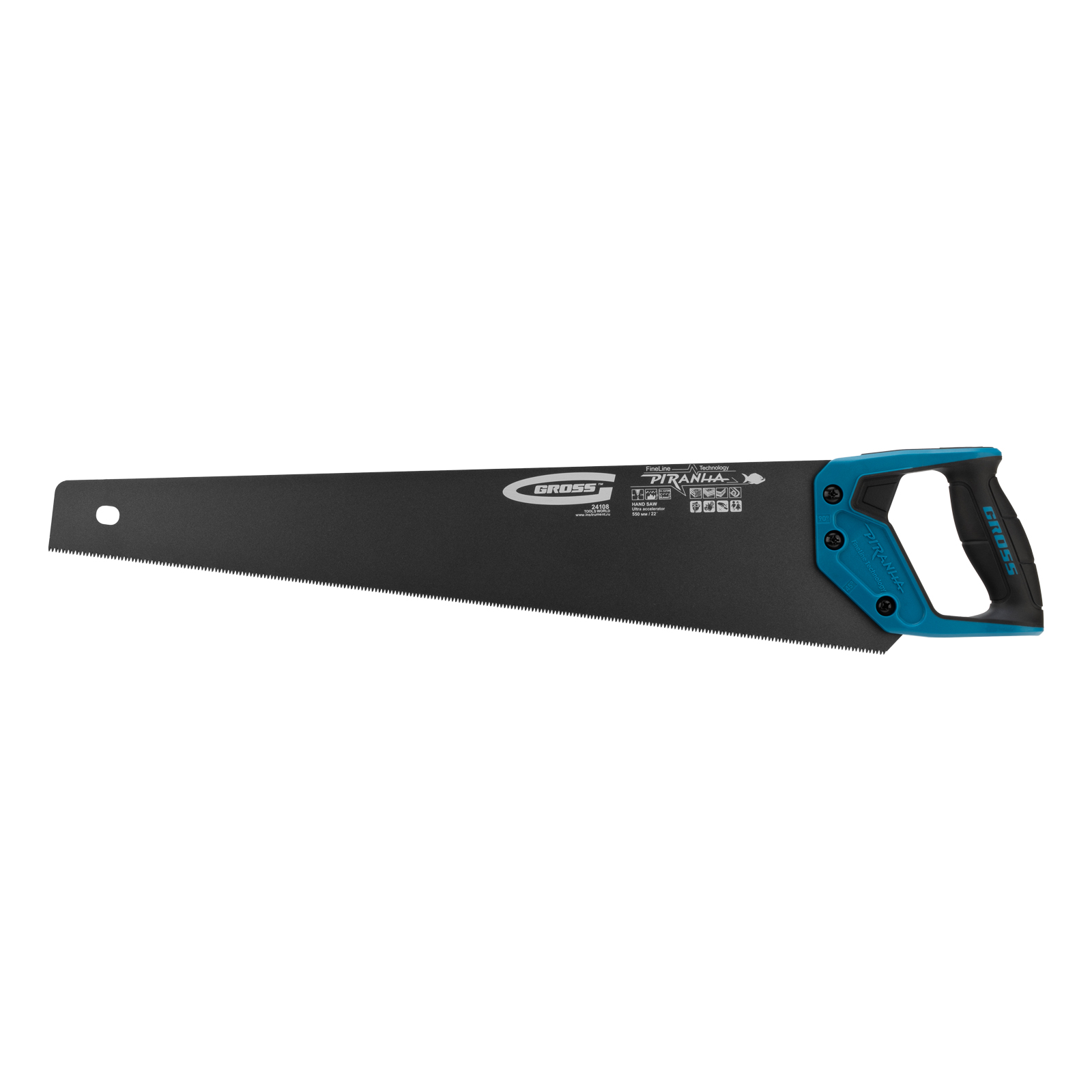 Ножовка по дереву "Piranha", 550 мм, 11-12 TPI, зуб-3D, каленый зуб, тефлоновое покрытие полотна, двухкомпонентная рукоятка Gross