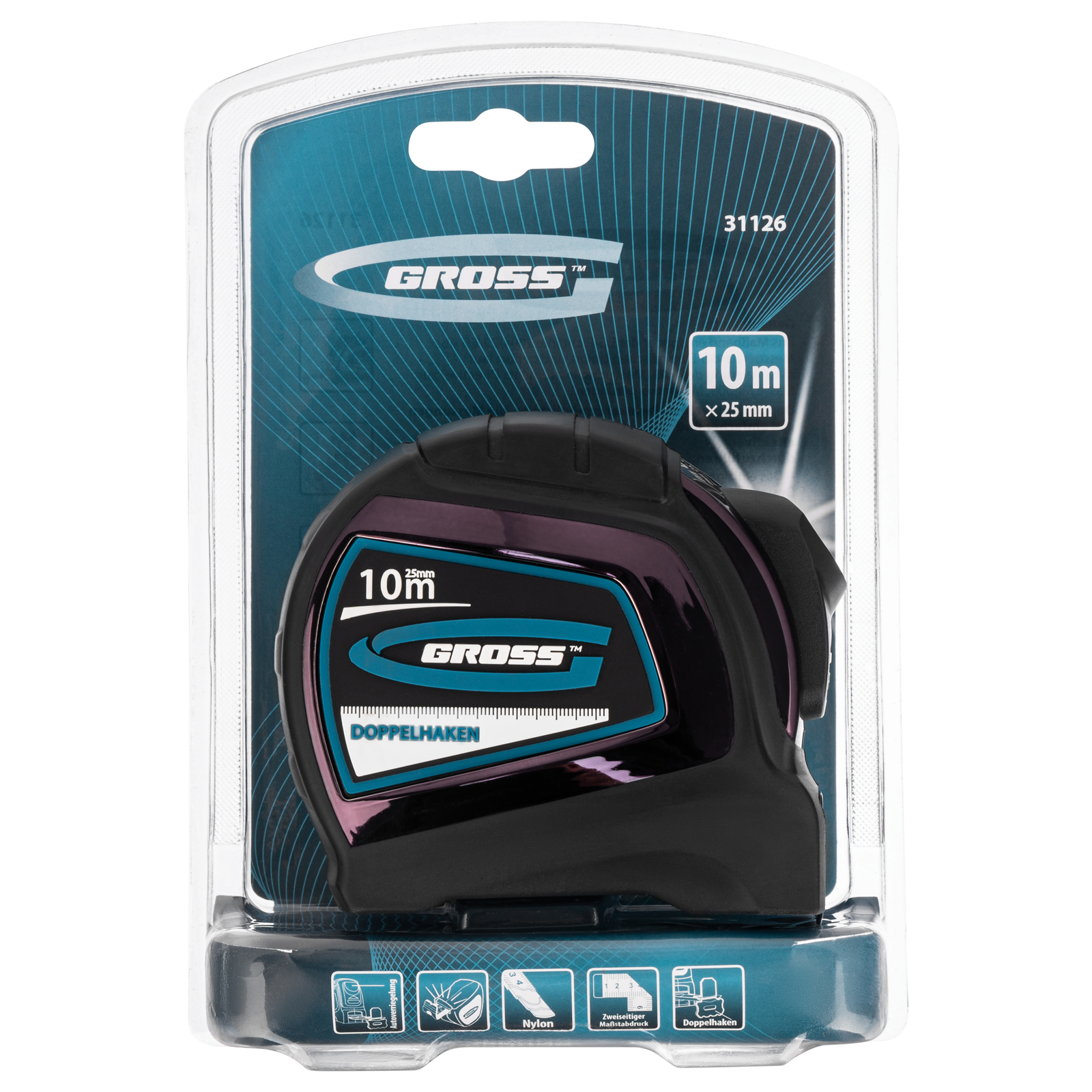 Рулетка "Doppelhaken",10 м x 25 мм,двухсторонний зацеп,Нейлон,двусторонняя шкала,автоматическая фиксация Gross