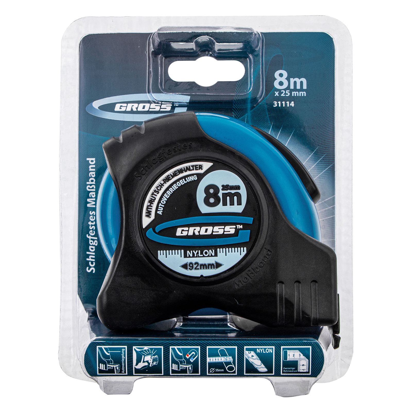 Рулетка "Schlagfest",8 м x 25 мм,магнитный обрезиненный зацеп,двусторонняя шкала,Нейлоновое покрытие,автоматическая фиксация Gross
