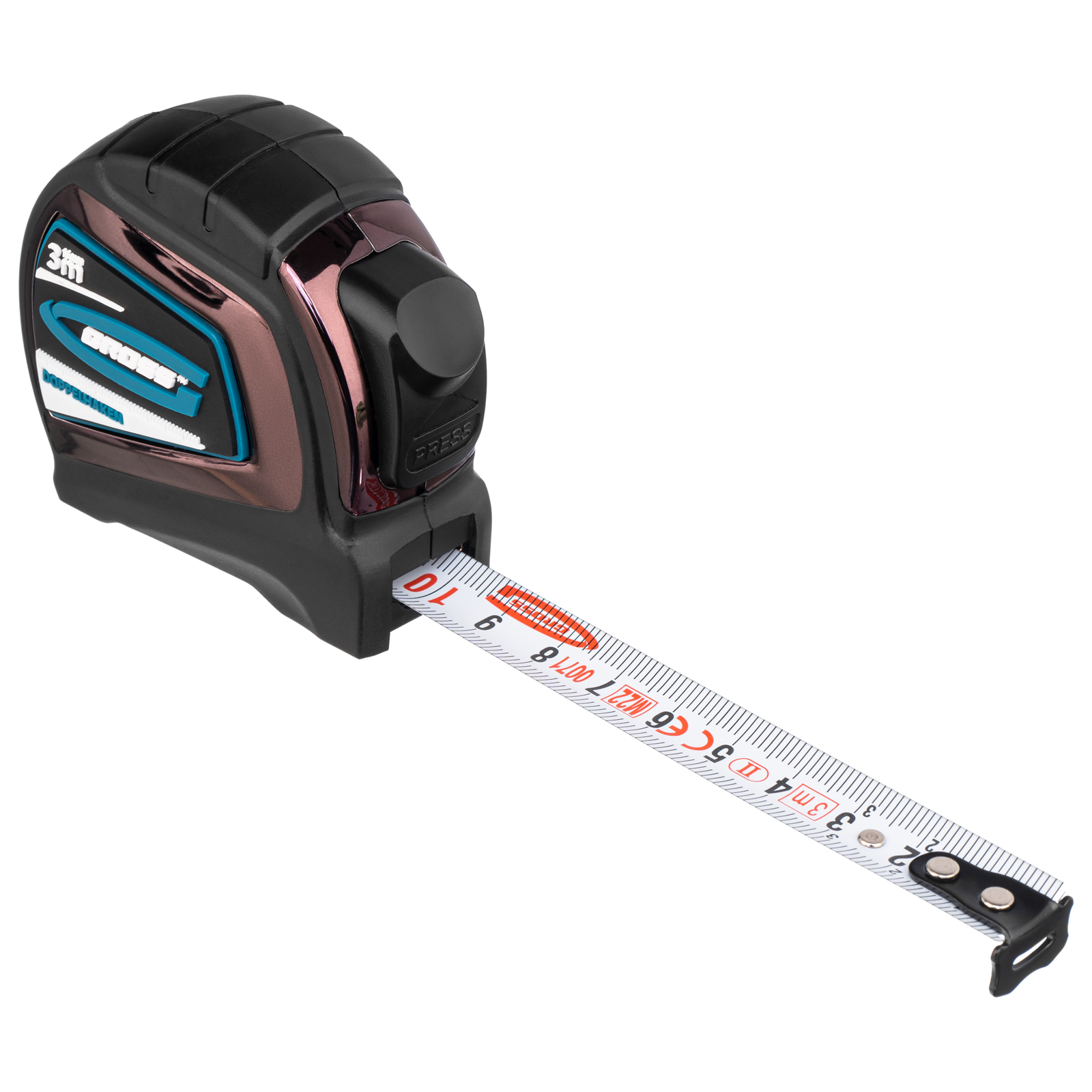 Рулетка "Doppelhaken",3 м x 16 мм,односторонний зацеп,Нейлон,двусторонняя шкала,автоматическая фиксация Gross