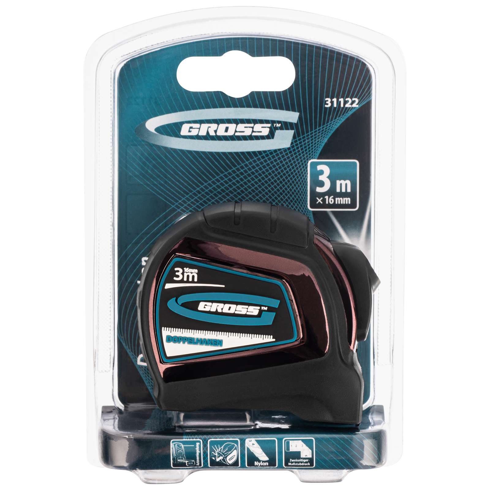 Рулетка "Doppelhaken",3 м x 16 мм,односторонний зацеп,Нейлон,двусторонняя шкала,автоматическая фиксация Gross