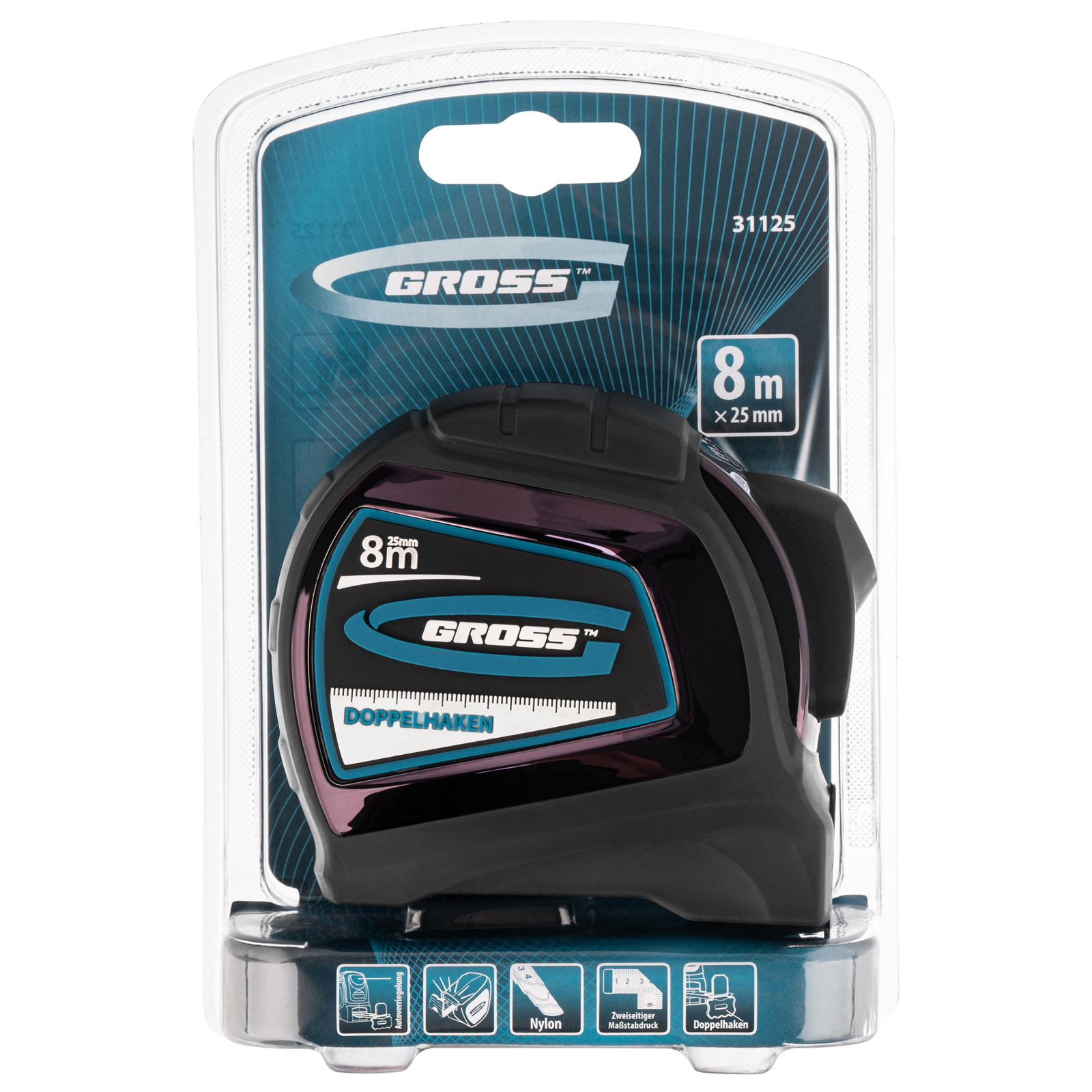 Рулетка "Doppelhaken",8 м x 25 мм,двухсторонний зацеп,Нейлон,двусторонняя шкала,автоматическая фиксация Gross