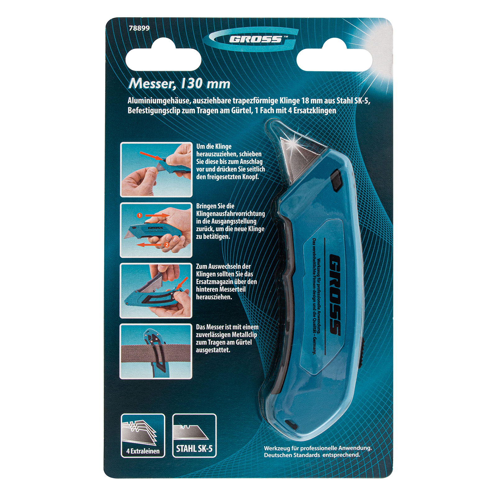 Нож, 130 мм, алюминиевый корпус, выдвижное трапециевидное лезвие 18 мм (SK-5) клипса для ремня, 4 лезвия Gross