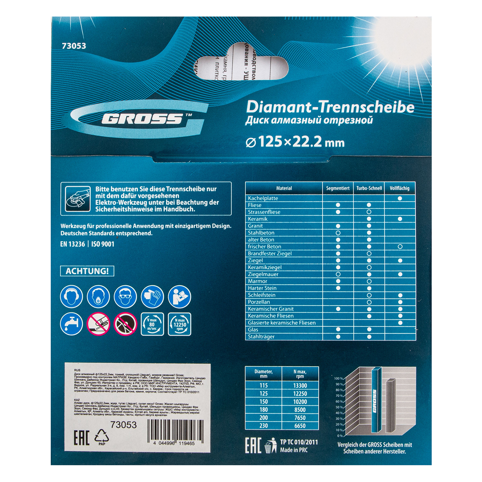 Диск алмазный, 125 х 22.2 мм, тонкий, сплошной (Jaguar) мокрая резка Gross