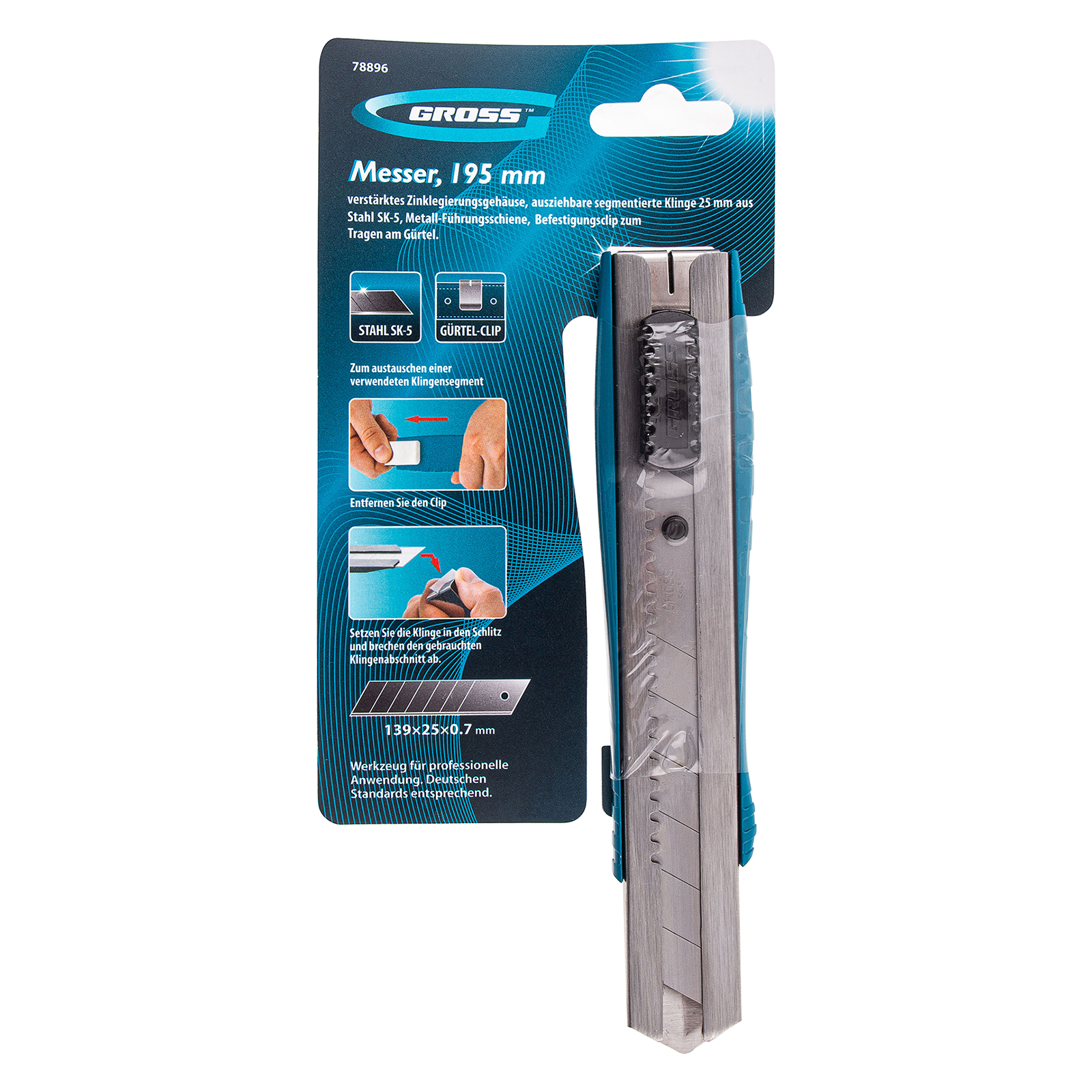 Нож, 195 мм, металлический корпус, выдвижное сегментное лезвие 25 мм (SK-5) металлическая направляющая, клипса для ремня Gross
