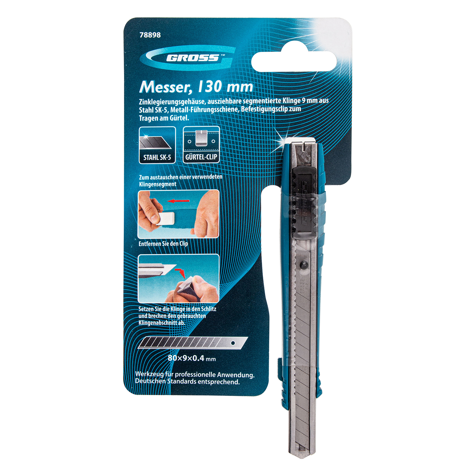 Нож, 130 мм, металлический корпус, выдвижное сегментное лезвие 9 мм (SK-5) металлическая направляющая, клипса для ремня Gross
