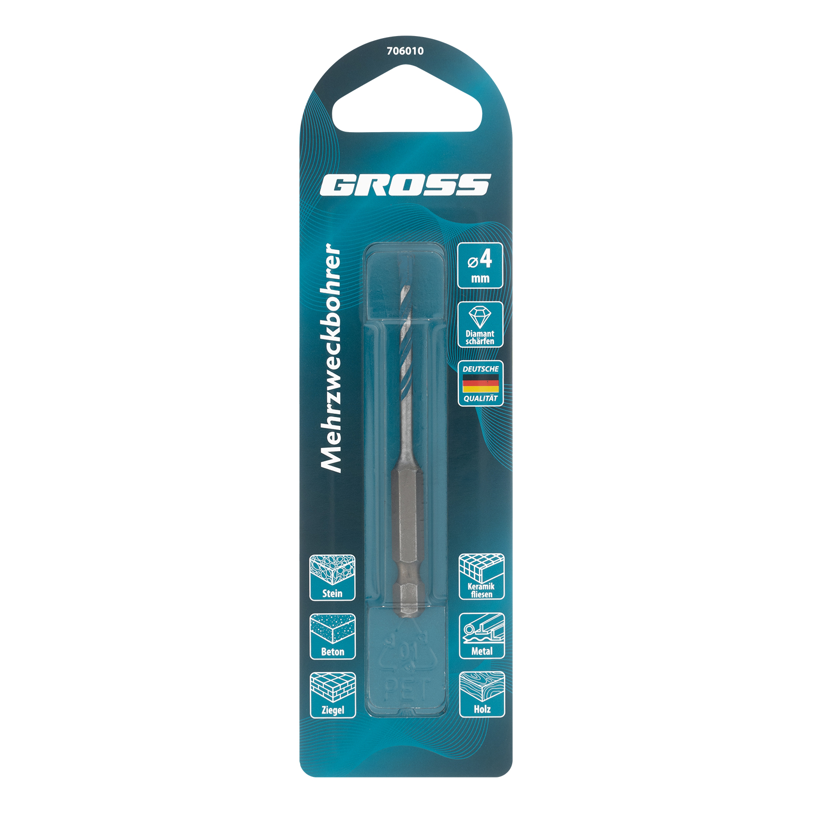 Сверло универсальное, Multipurpose PRO, 6-гр. хвостовик, 4мм Gross