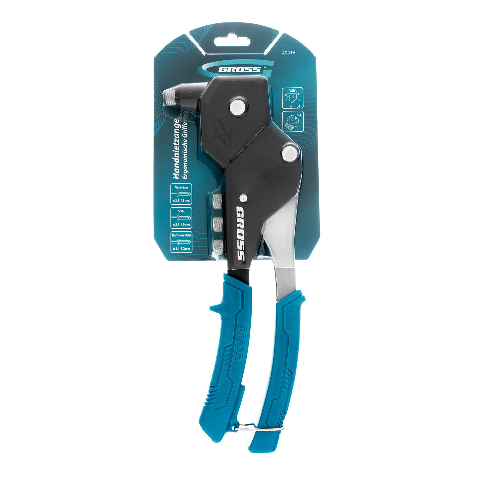 Заклепочник ручной, 290 мм, поворотный, 0-360, заклепки 2,4-3,2-4,0-4,8 мм Gross