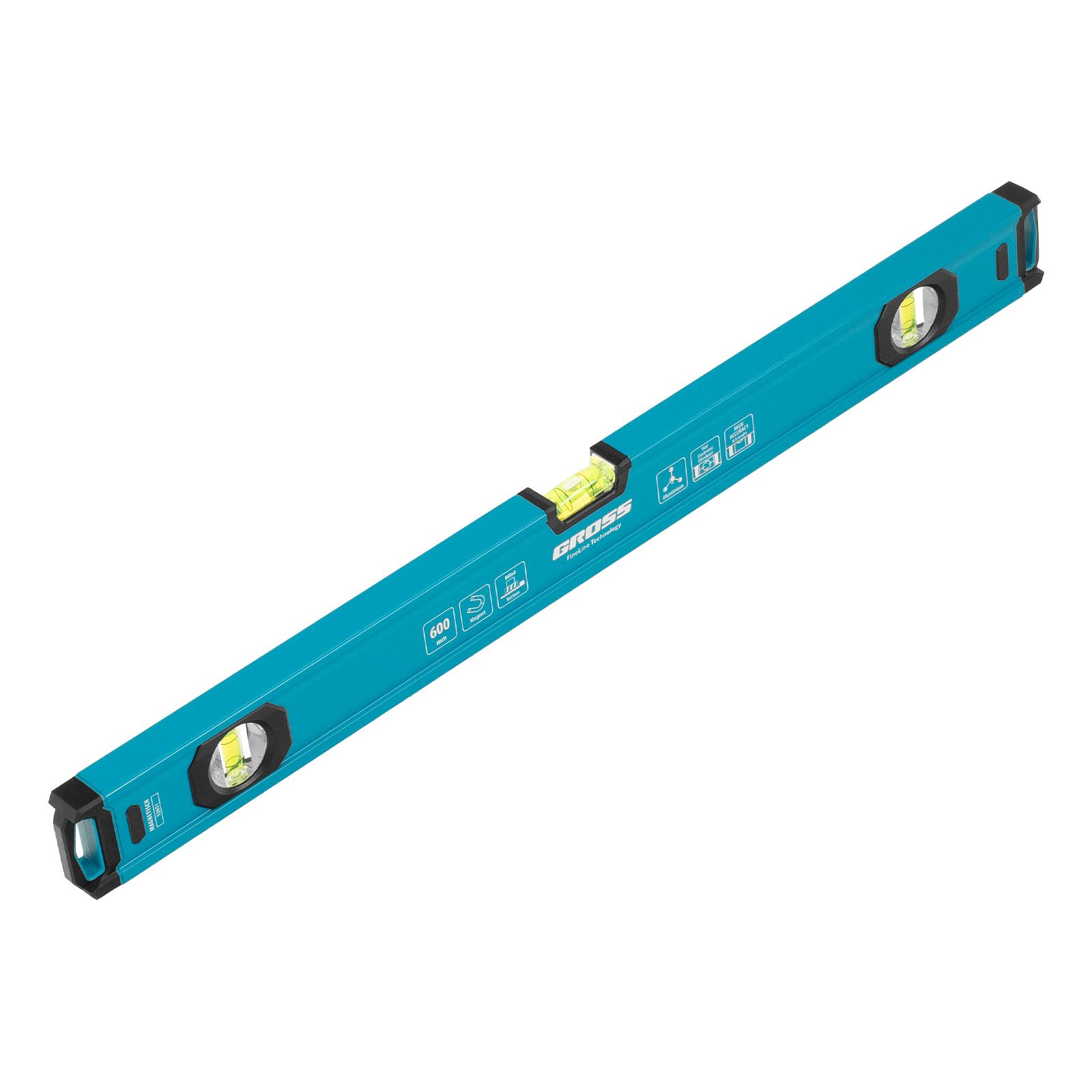 Уровень алюминиевый, магнит., фрезерованный, 3 глазка, 0,5 мм/м, 600 мм Gross