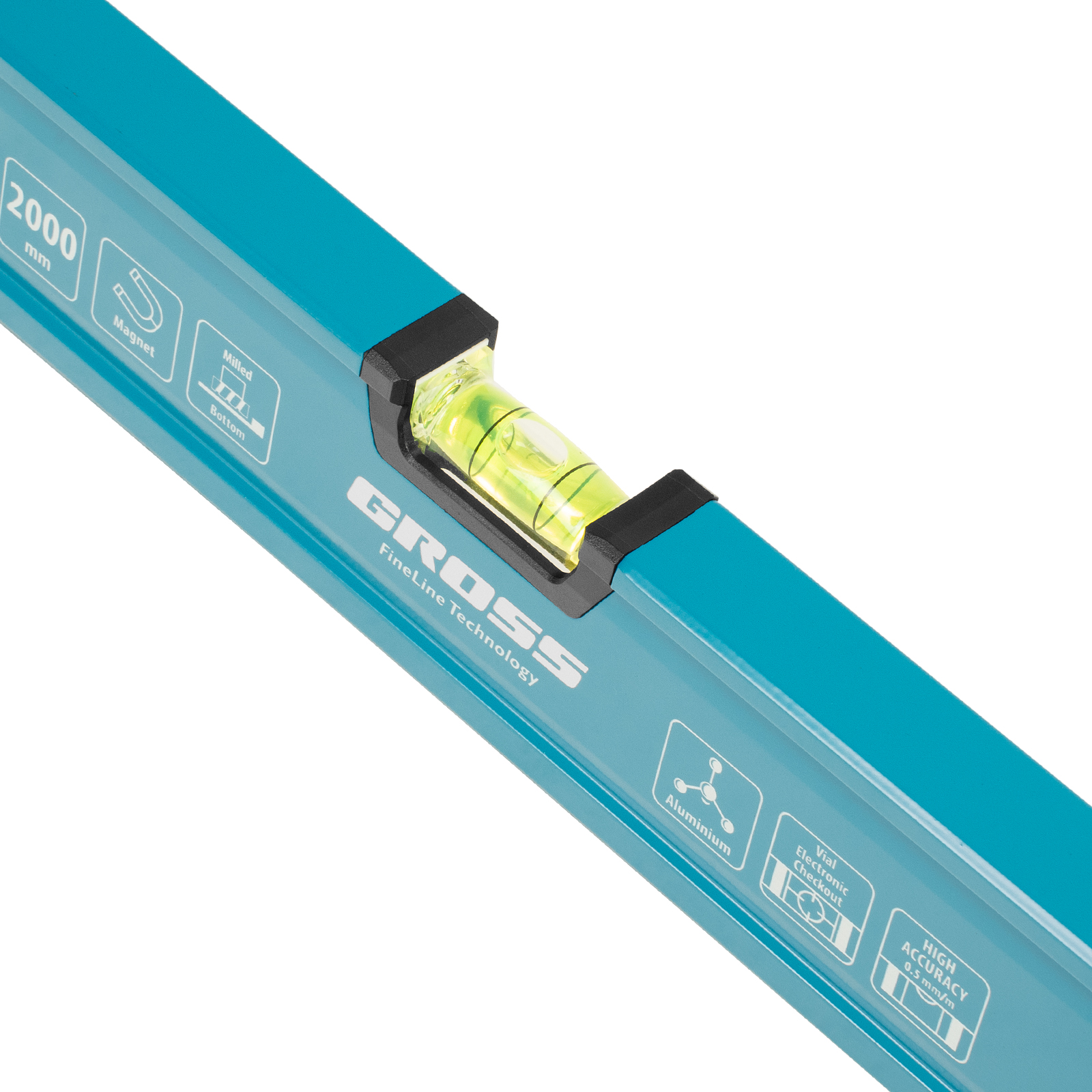 Уровень алюминиевый, магнит., фрезерованный, 3 глазка, 0,5 мм/м, 2000 мм Gross