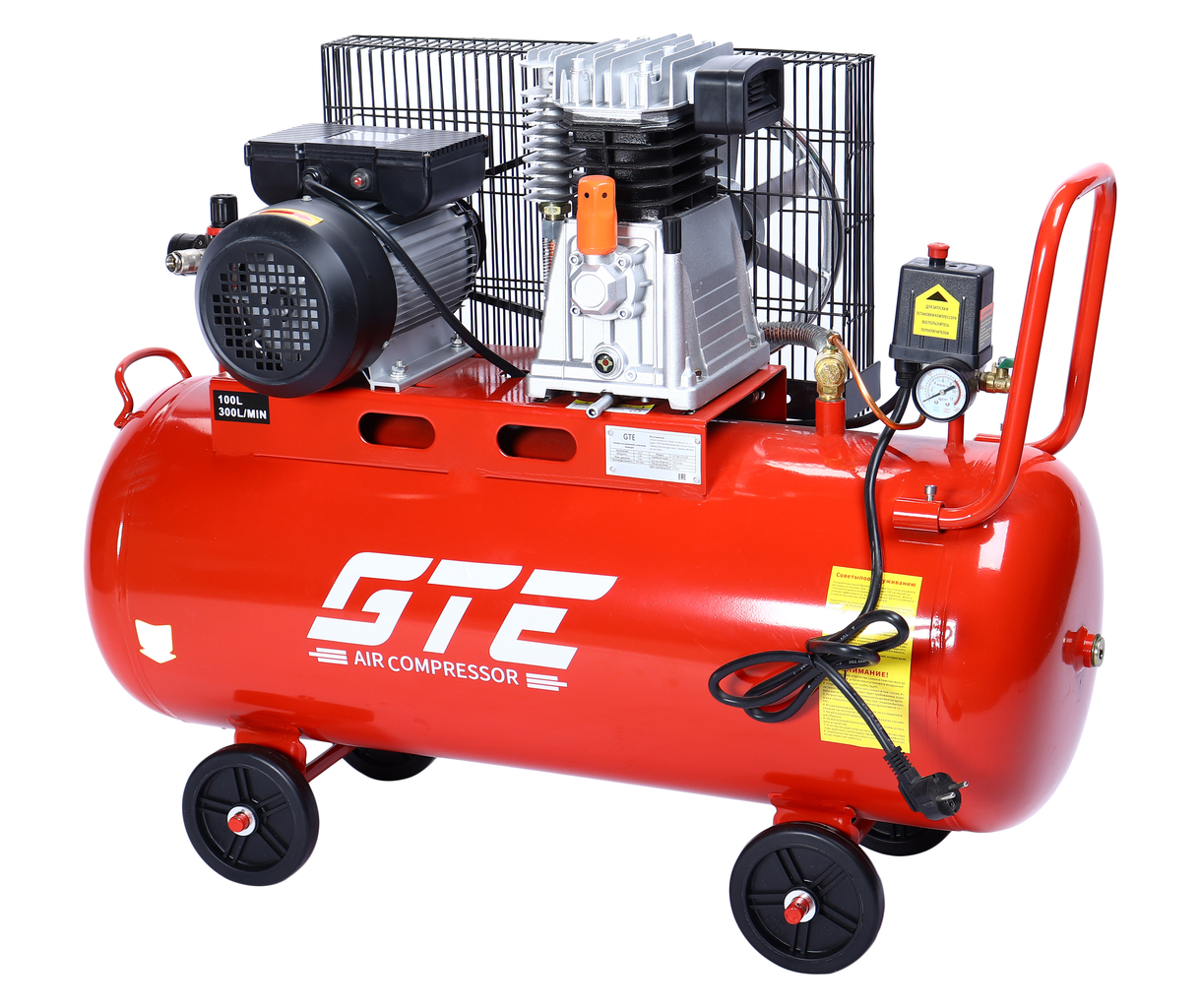 Компрессор пневматический 220В 3.0кВт 8атм. 300л/мин. ресивер-100л поршн. ремен. одноступенчатый GTE