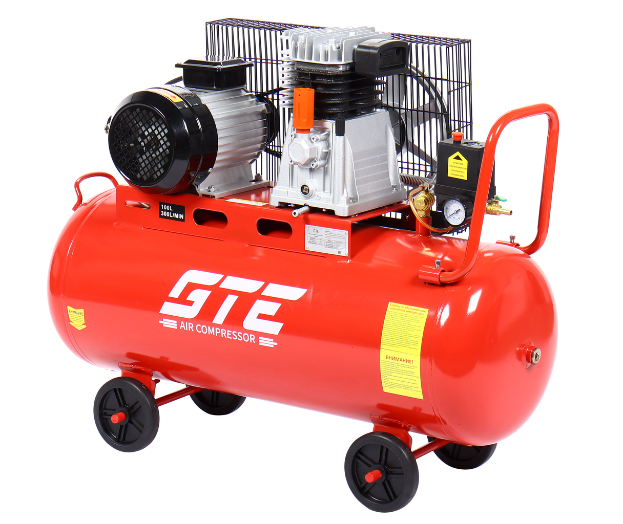 Компрессор пневматический 380В 3.0кВт 8атм. 300л/мин. ресивер-100л поршн. ремен. одноступенчатый GTE