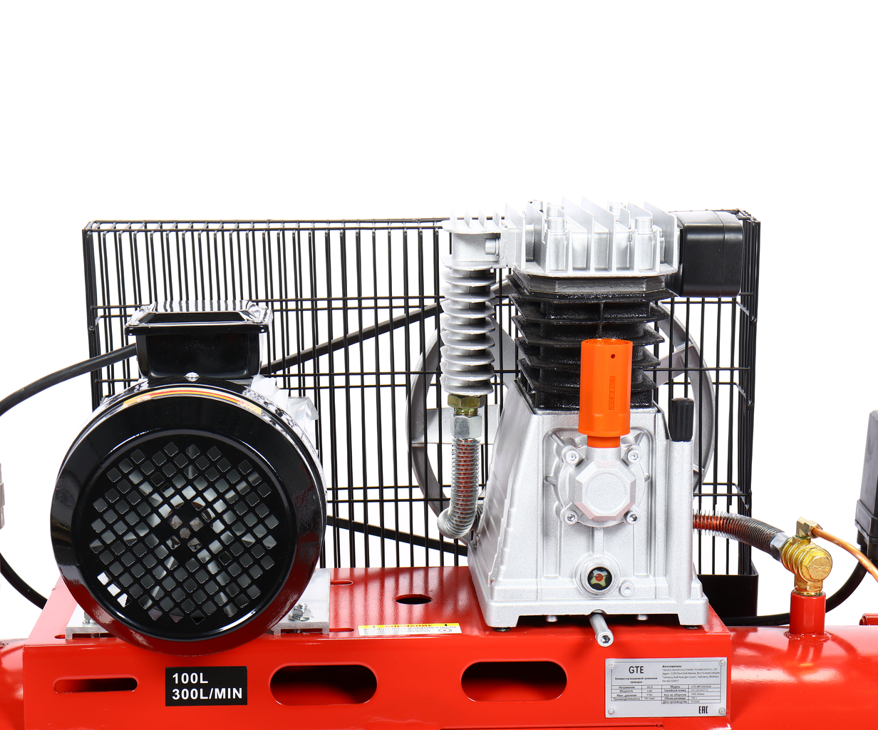 Компрессор пневматический 380В 3.0кВт 8атм. 300л/мин. ресивер-100л поршн. ремен. одноступенчатый GTE
