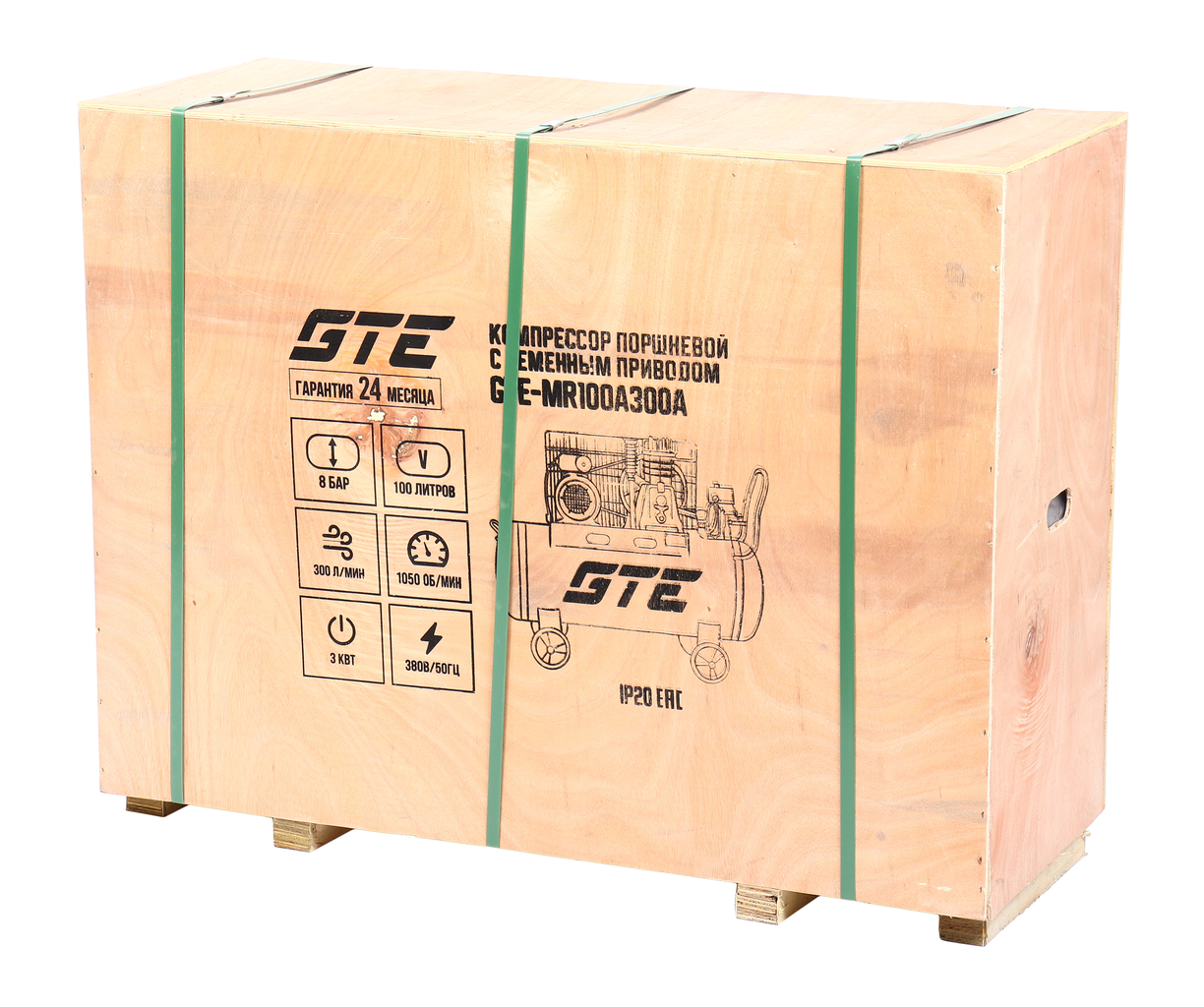 Компрессор пневматический 380В 3.0кВт 8атм. 300л/мин. ресивер-100л поршн. ремен. одноступенчатый GTE