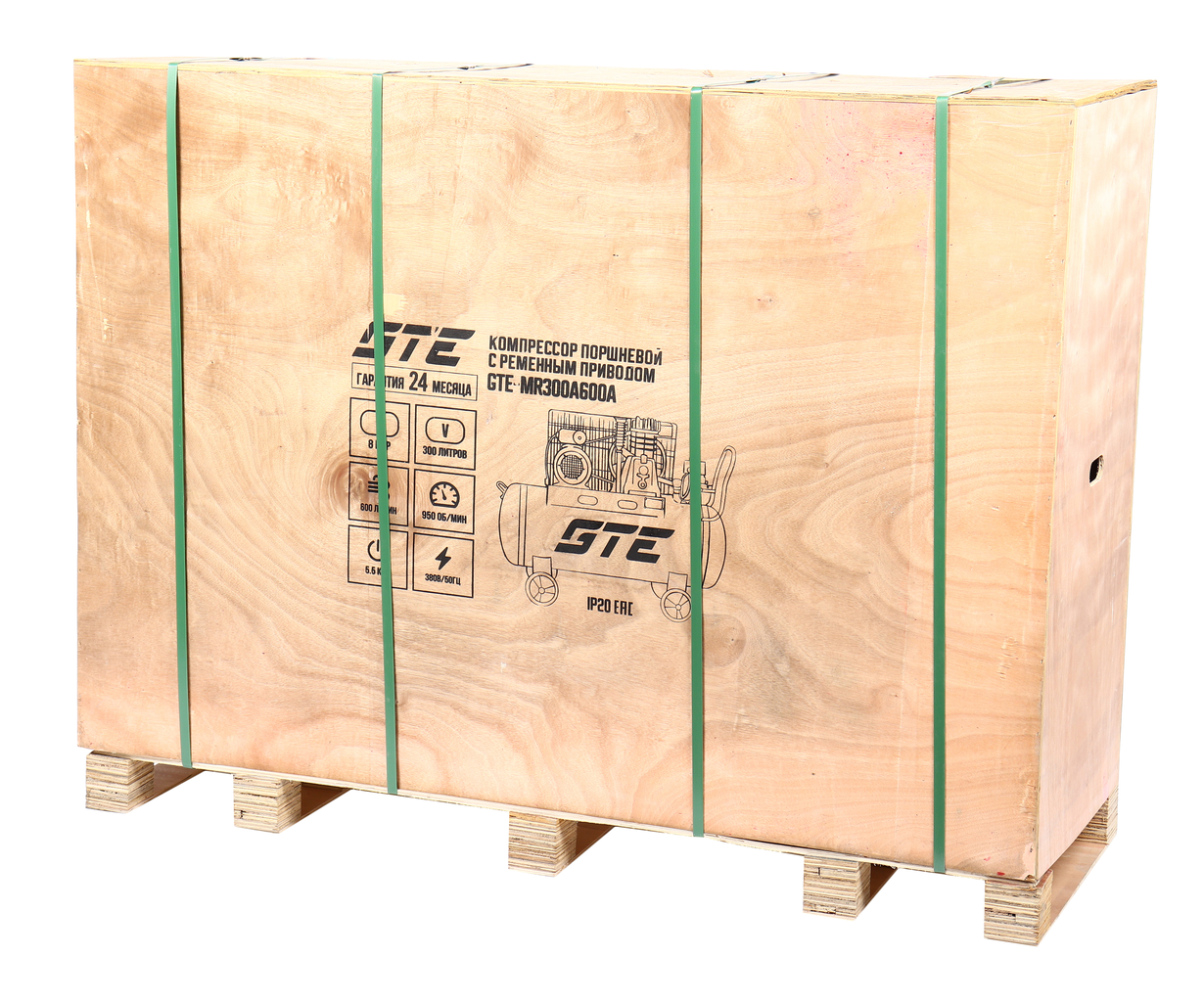Компрессор пневматический 380В 5.5кВт 8атм. 600л/мин. ресивер-300л поршн. ремен. одноступенчатый GTE