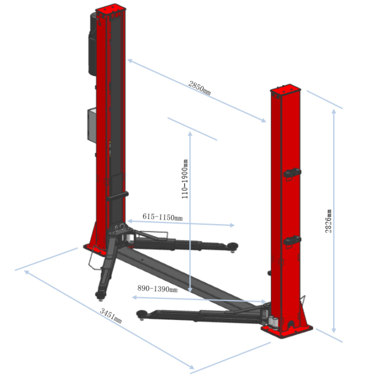Подъемник электрогидравлический 4т 110-1900мм 2-х стоечный 220В ниж.синхрон. (электр. спуск) GTE