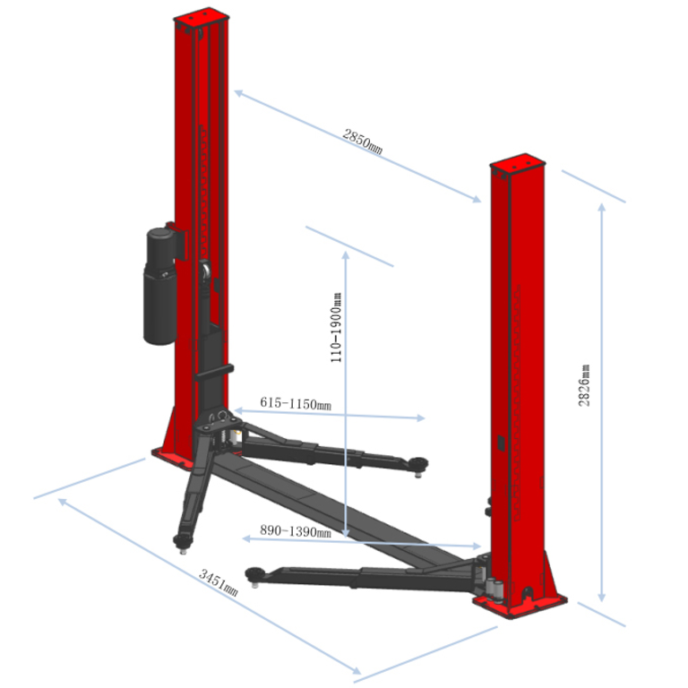 Подъемник электрогидравлический 4т 110-1900мм 2-х стоечный 380В ниж.синхрон. (руч. спуск) GTE