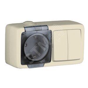 Alfa Блок с пылевлагозащитой, розетка одноместная, со шторками, с заземляющими контактами, выключатель двухклавишный, слоновая кость