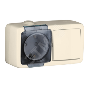 Alfa Блок с пылевлагозащитой, розетка одноместная, со шторками, с заземляющими контактами, выключатель одноклавишный, слоновая кость