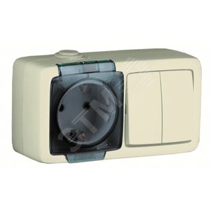 Alfa Блок с пылевлагозащитой, розетка одноместная, с заземляющими контактами, выключатель двухклавишный, слоновая кость