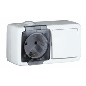 Alfa Блок с пылевлагозащитой, розетка одноместная, с заземляющими контактами, выключатель одноклавишный, белый