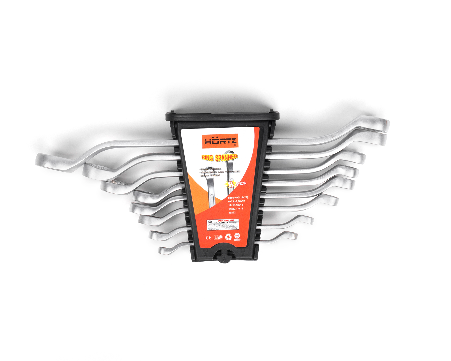 Набор ключей накидных двусторонних 8 шт. (6-22) сатин финиш в клипсе HORTZ