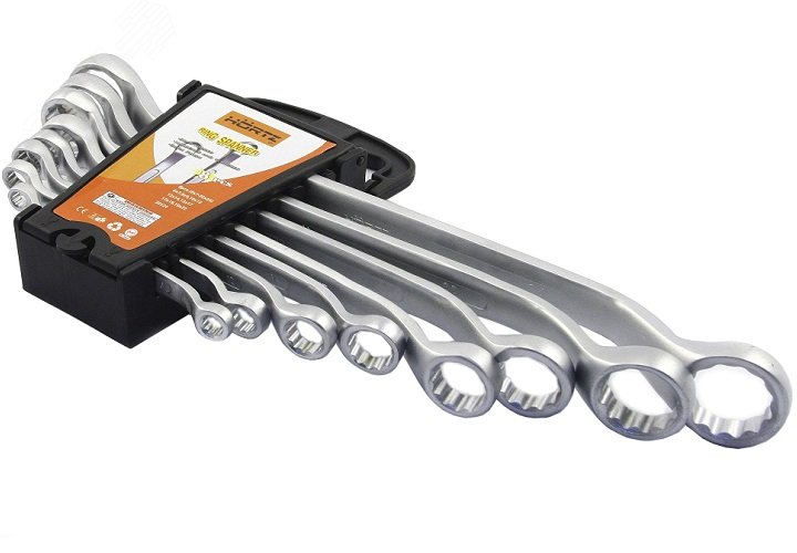 Набор ключей накидных двусторонних 8 шт. (6-22) сатин финиш в клипсе HORTZ