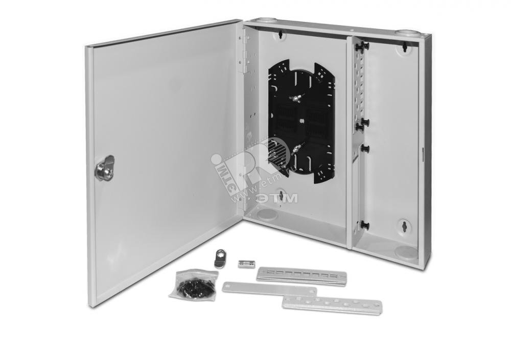 Бокс оптический универсальный настенный. от 8 до32 портов (SC. duplex LC. ST. FC). со сплайспластиной. без пигтейлов и проходных адаптеров. серый