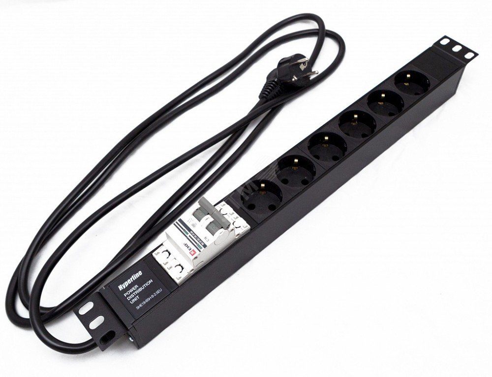 Блок розеток для 19' шкафов. горизонтальный. 6 розеток Schuko. автоматический выключатель. кабель питания 2.5м (3х1.5мм2) с вилкой Schuko 16A. 250В. 4