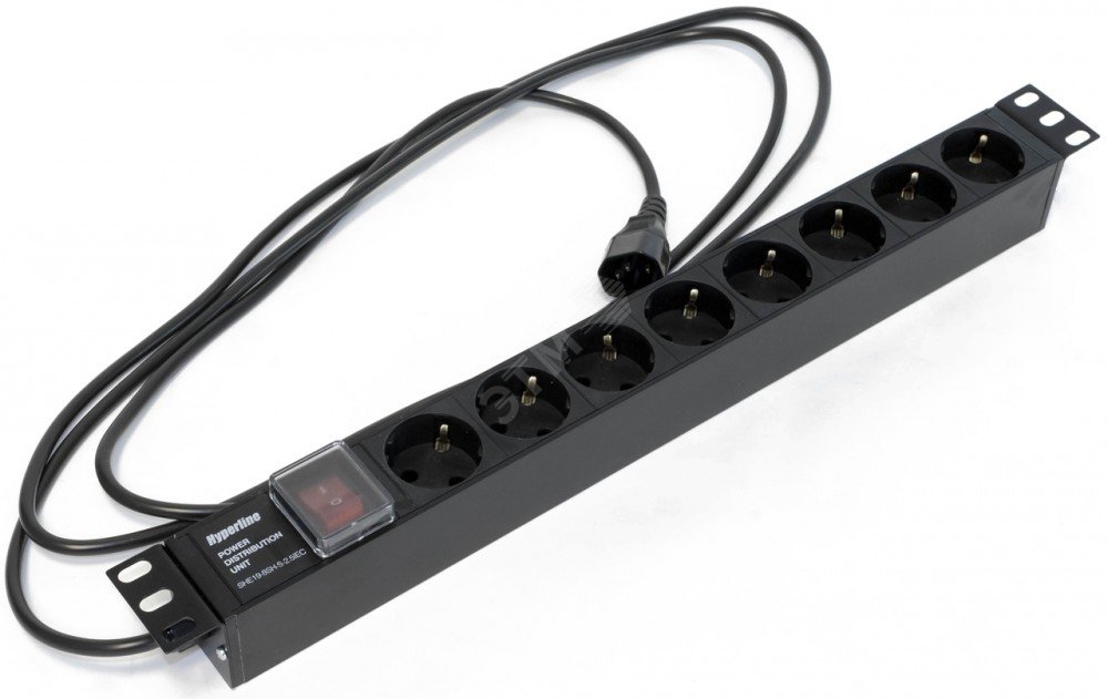 Блок розеток для 19 шкафов. горизонтальный. с выключателем с подсветкой. 8 розеток Schuko (10A). 250В. кабель питания 3х1.0мм2. длина 2.5 м. с вилкой 