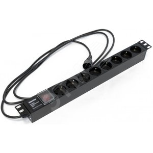 Блок розеток для 19 шкафов. горизонтальный. с выключателем с подсветкой. 8 розеток Schuko (10A). 250В. кабель питания 3х1.0мм2. длина 2.5 м. с вилкой 