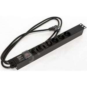 Блок розеток для 19 шкафов. горизонтальный. с выключателем с подсветкой. 6 розеток Schuko (16A). 250В. кабель питания 3х1.5мм2. длина 2.5 м. с вилкой 