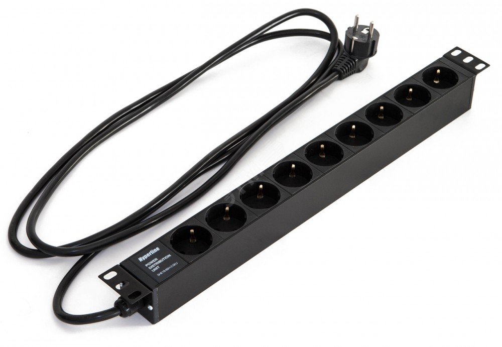 Блок розеток для 19 шкафов. горизонтальный. 9 розеток Schuko (16A). 250В. кабель питания 3х1.5мм2. длина 2.5 м. с вилкой Schuko. 482.6x44.4x44.4мм (Дх