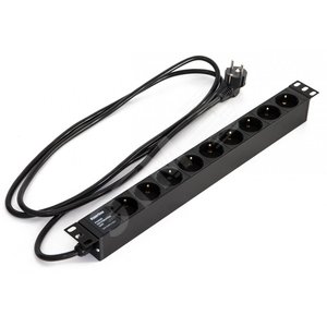 Блок розеток для 19 шкафов. горизонтальный. 9 розеток Schuko (16A). 250В. кабель питания 3х1.5мм2. длина 2.5 м. с вилкой Schuko. 482.6x44.4x44.4мм (Дх