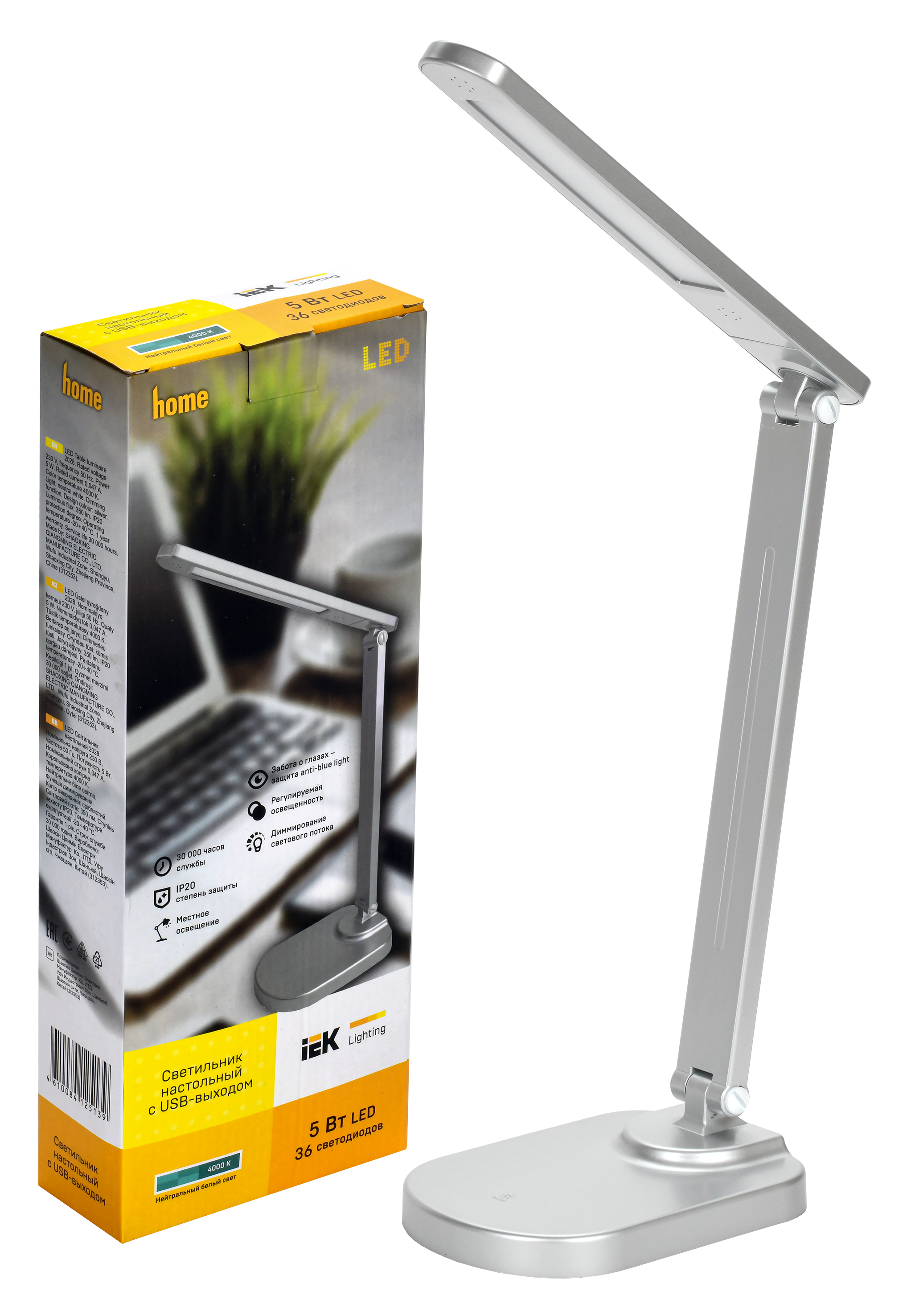 Светильник светодиодный настольный 2028 5Вт на подставке USB-выход диммер серебро IEK