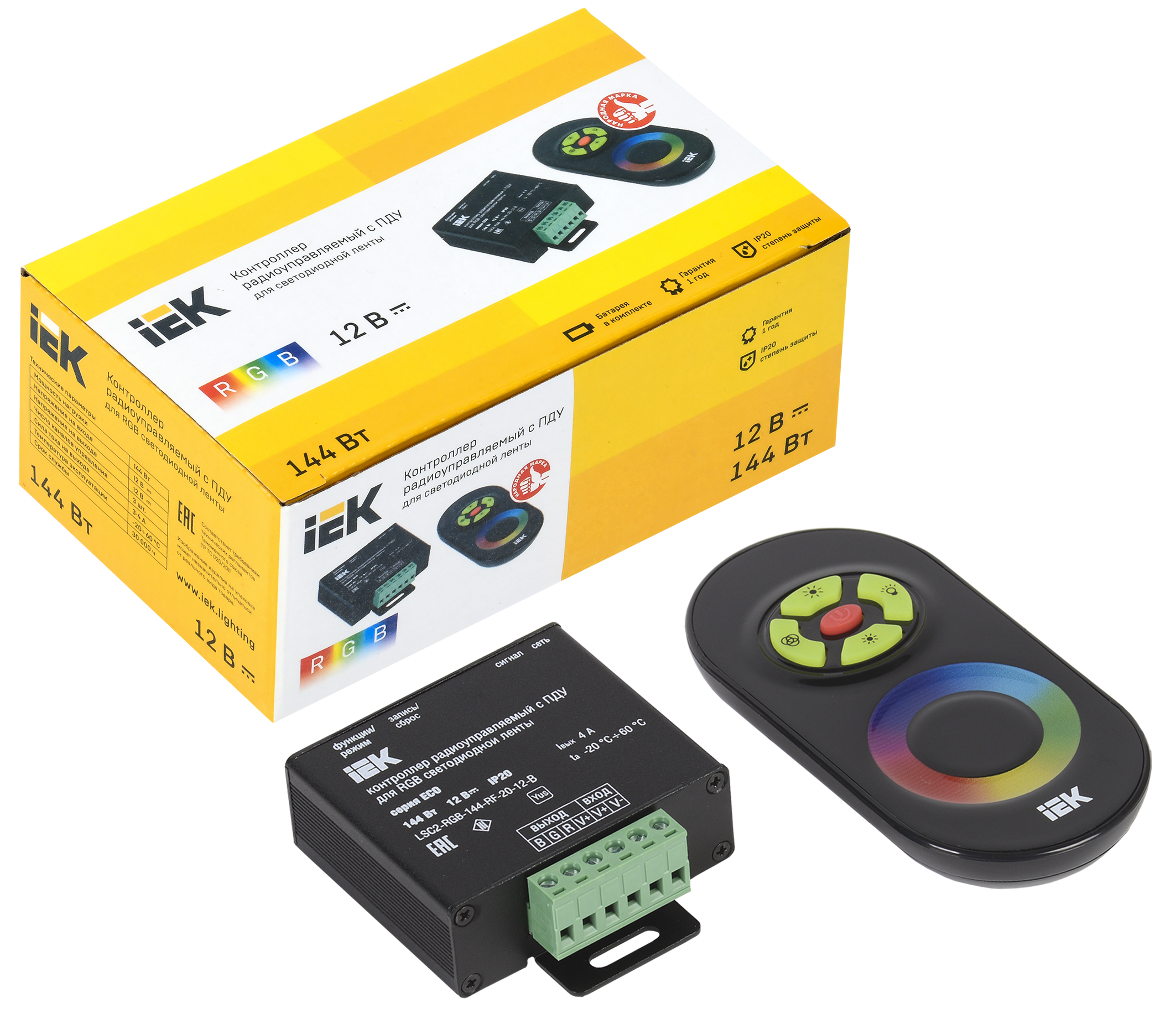Контроллер с ПДУ радио RGB 3 канала 12В 4А 144Вт черный IEK