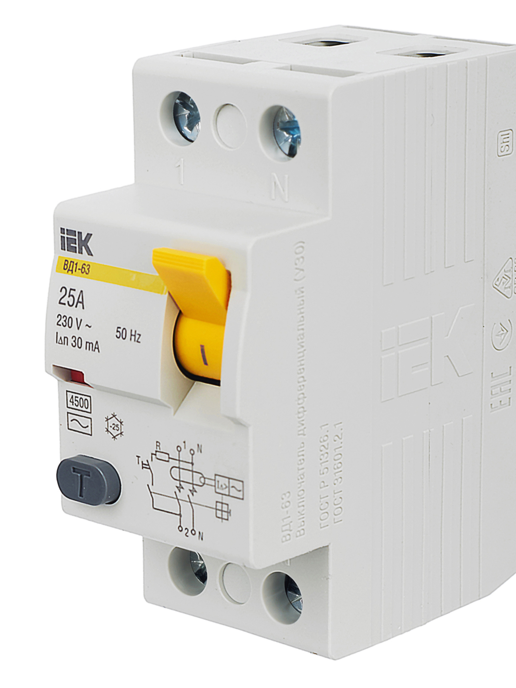 Выключатель дифференциальный (УЗО) ВД1-63 2Р 25А 30мА IEK