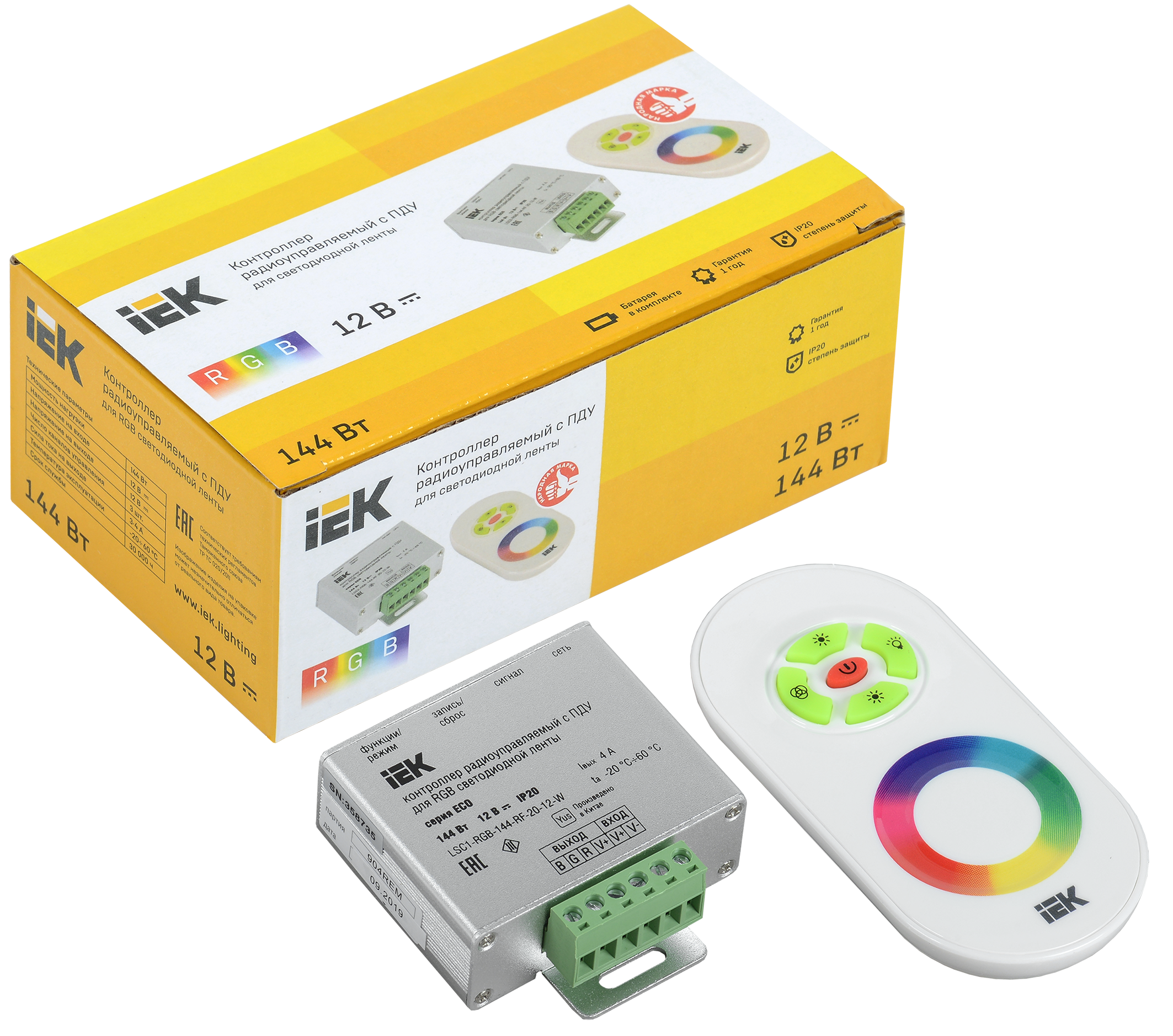 Контроллер с ПДУ радио RGB 3 канала 12В 4А 144Вт белый IEK