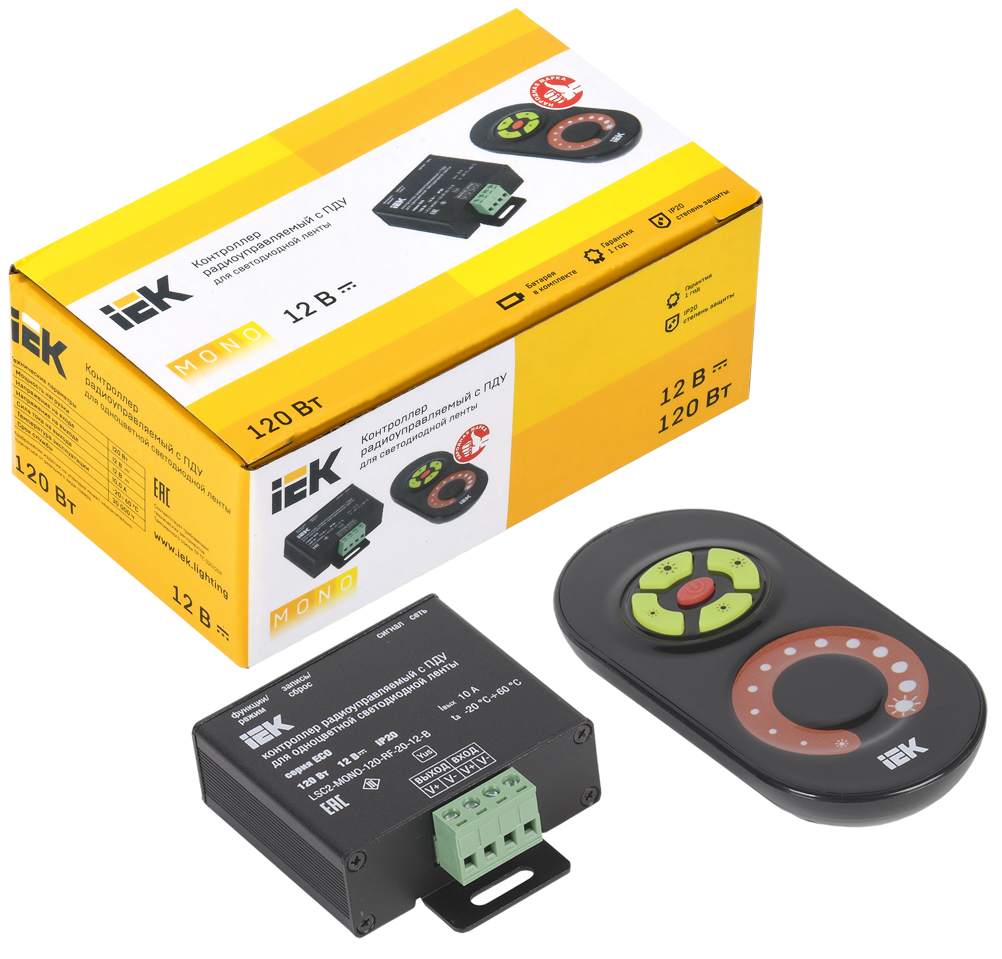 Контроллер с ПДУ радио MONO 1 канал 12В 10А 120Вт черный IEK