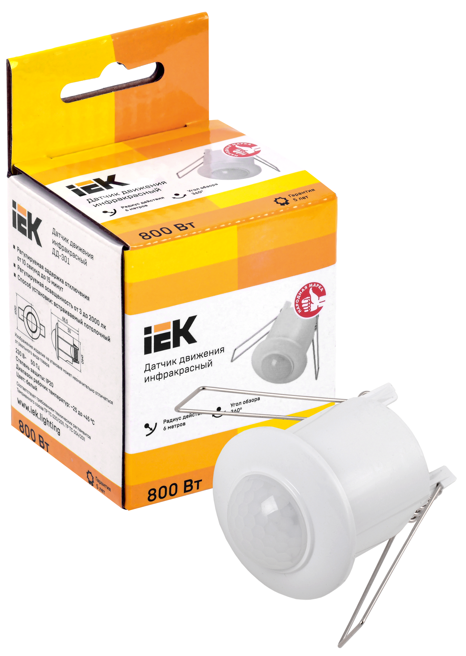 Датчик движения ДД-301 800Вт 360град 6м IP20 белый IEK