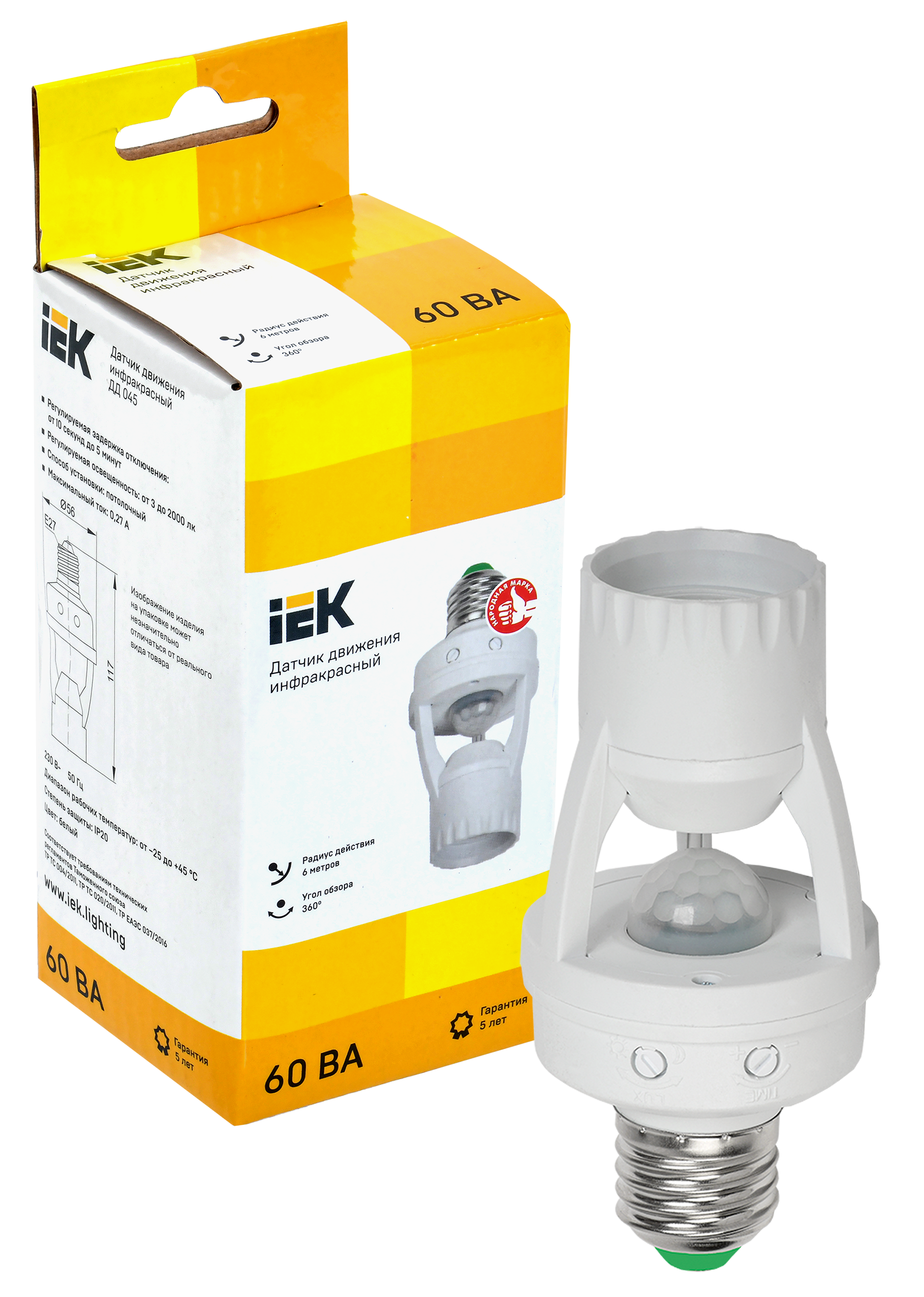 Датчик движения ДД-045 E27 60Вт 360град 6м IP20 белый IEK