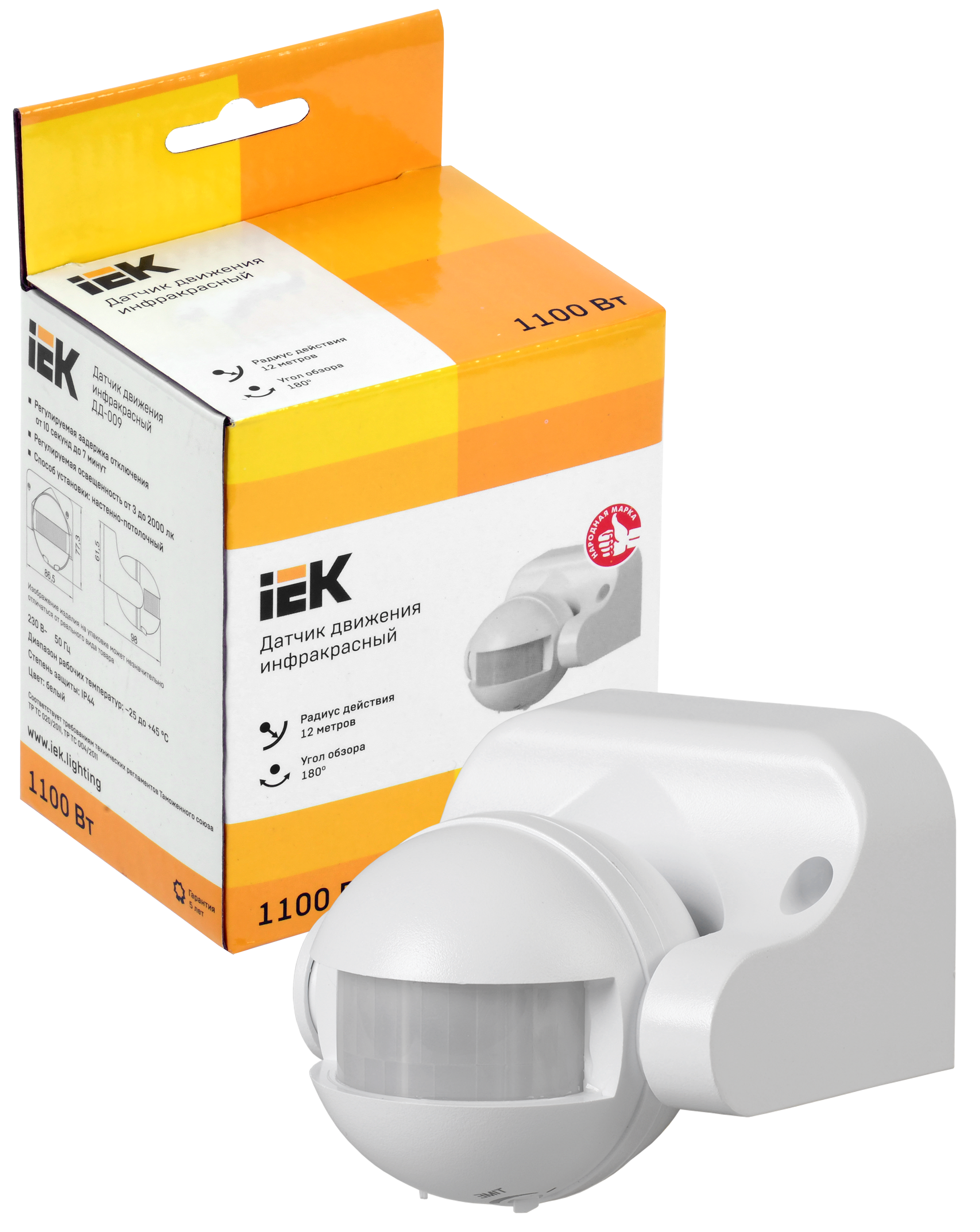 Датчик движения ДД-009 1100Вт 180град 12м IP44 белый IEK
