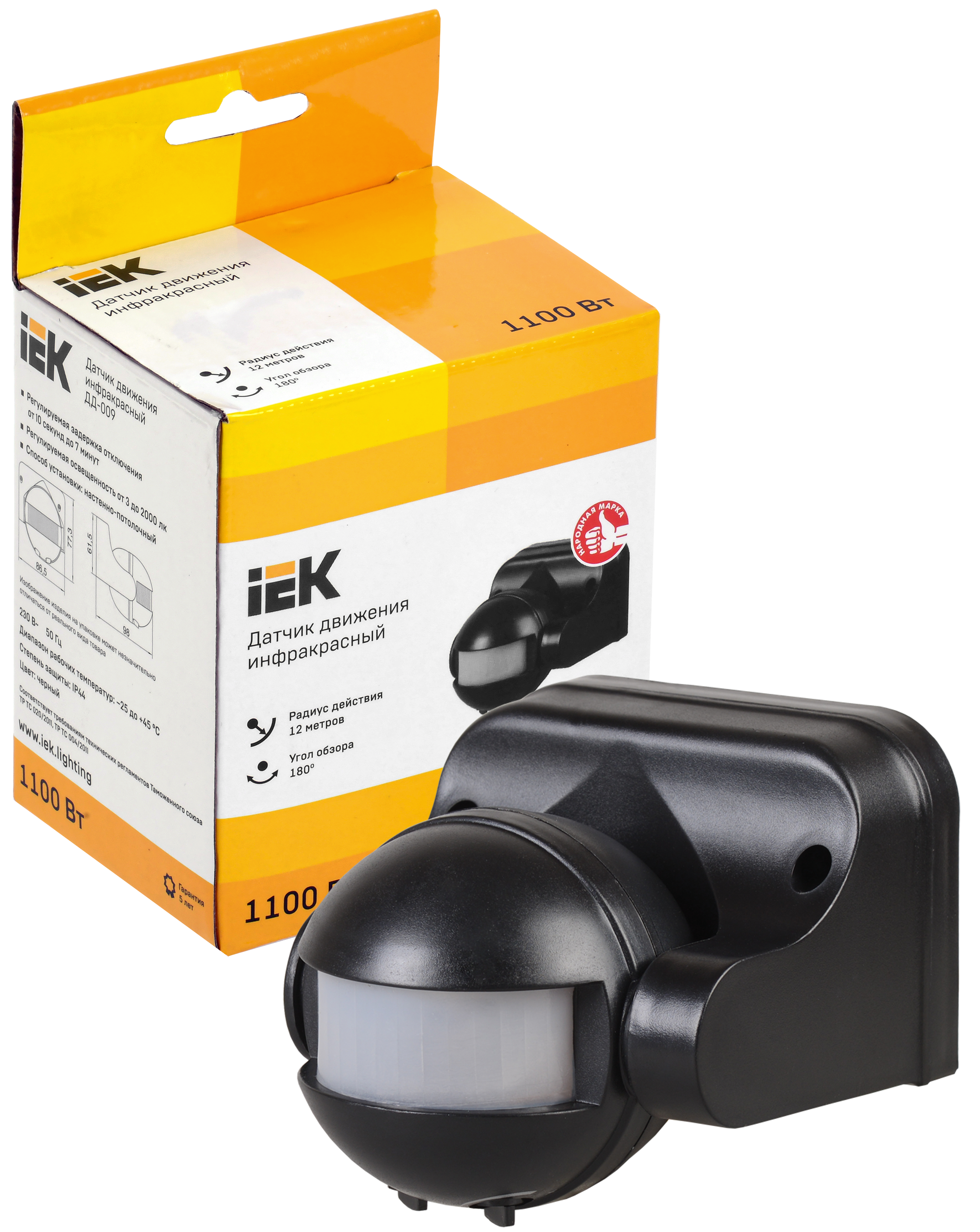 Датчик движения ДД-009 1100Вт 180град 12м IP44 черный IEK